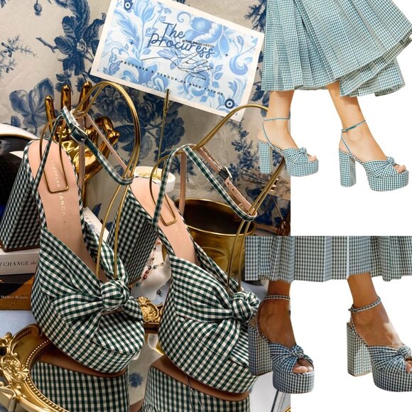 🆕 LOEFFLER RANDALL 🧿 NWOB Roz Platform Sandal, Mint Green Gingham - Sz US 7